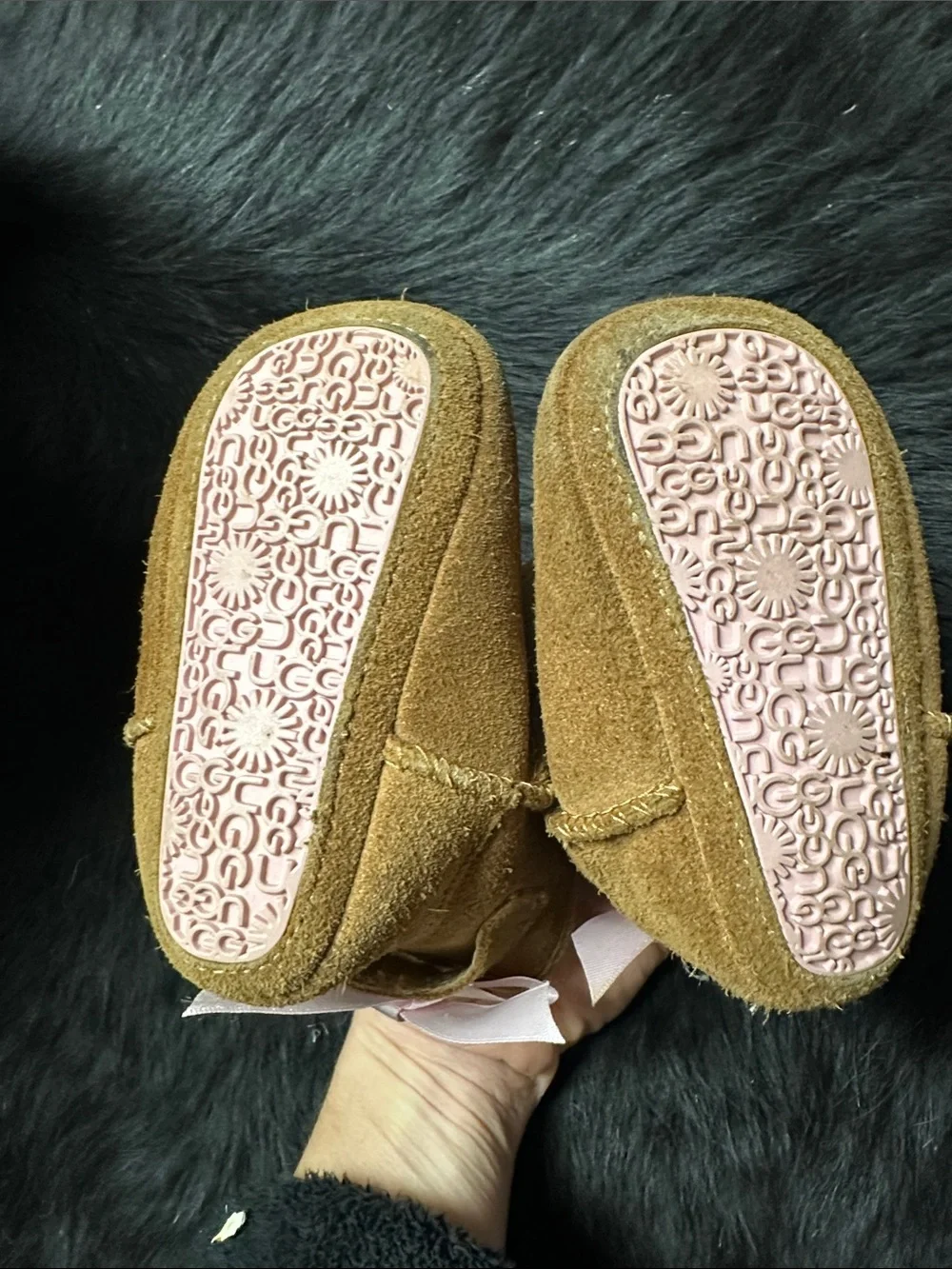 UGG Kids Chestnut Sheepskin Moccasins with Pink Bows